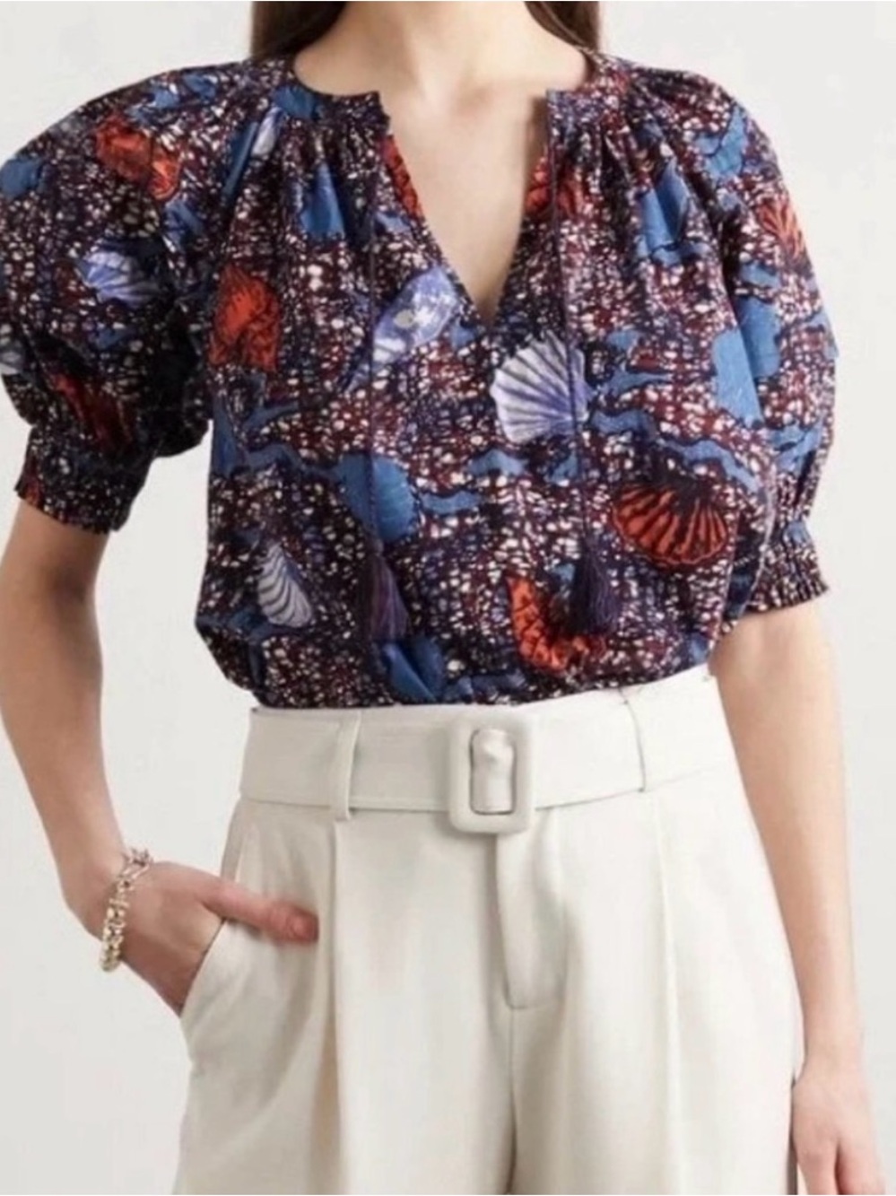 Ulla Johnson Seashell Print Cotton Poplin Puff Sleeve Top Size 6